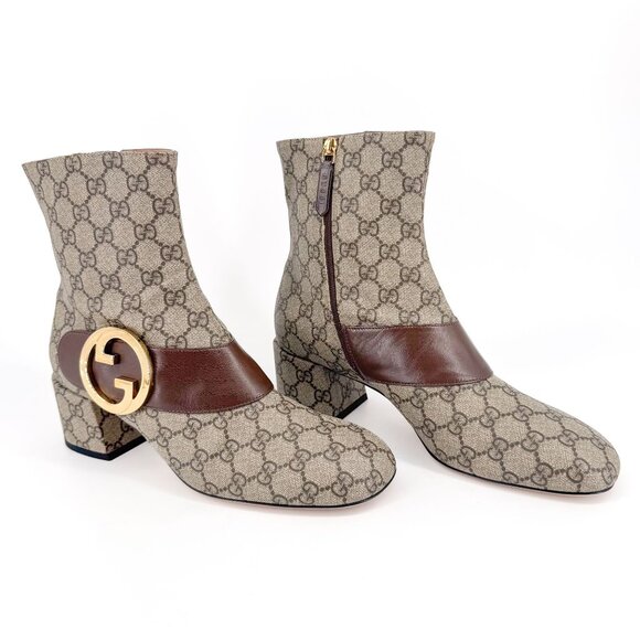 Gucci Blondie Beige GG Supreme Canvas Interlocking Logo Ankle Boot Size 42 US 12 - Picture 1 of 15